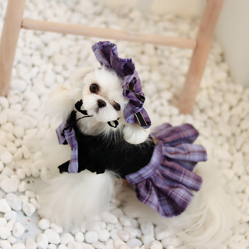 Dog Spring And Summer Cat Lace Dress Jk Plaid Big Bow Pleated Dress